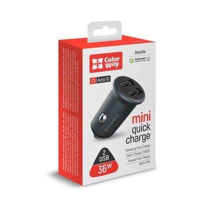 Auto punjač ColorWay, 36W, 3A, 2 x USB-A, Sivi