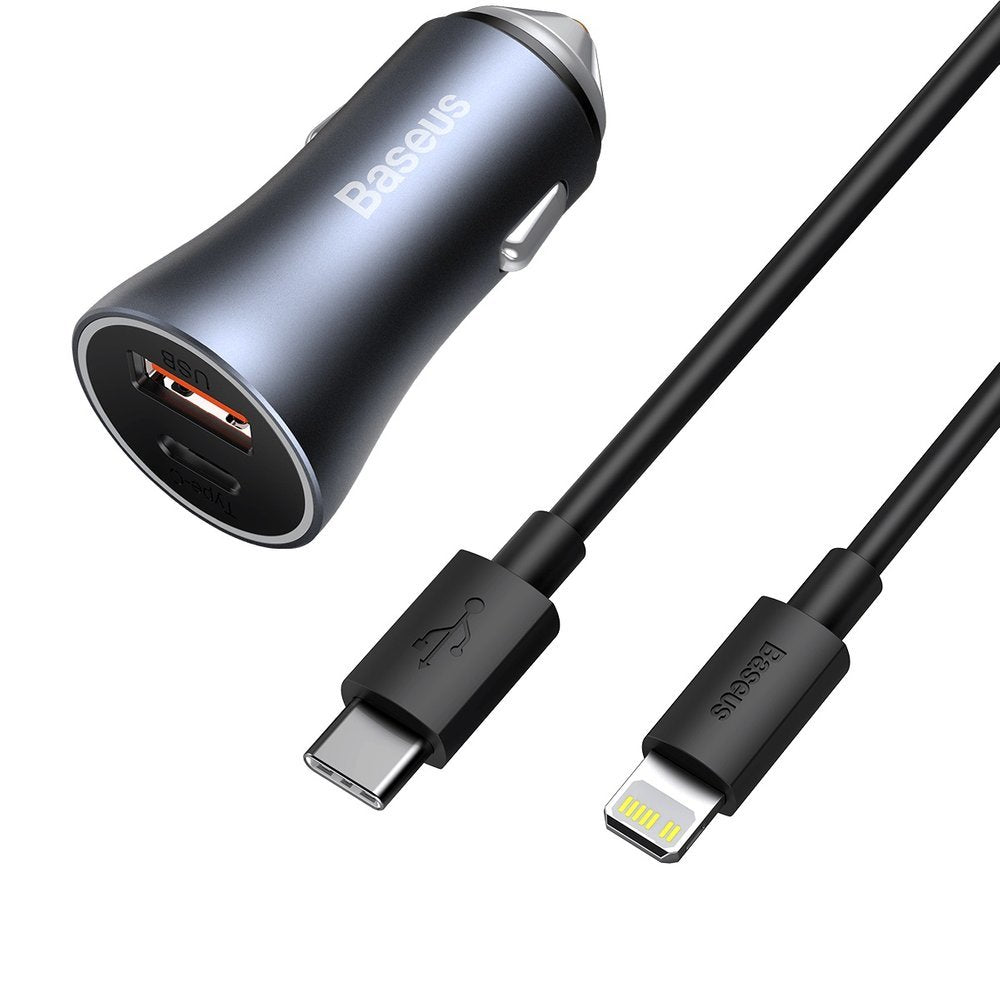 Auto punjač s Lightning kabelom Baseus Golden Contactor, 40W, 3A, 1 x USB-A - 1 x USB-C, Sivi TZCCJD-B0G