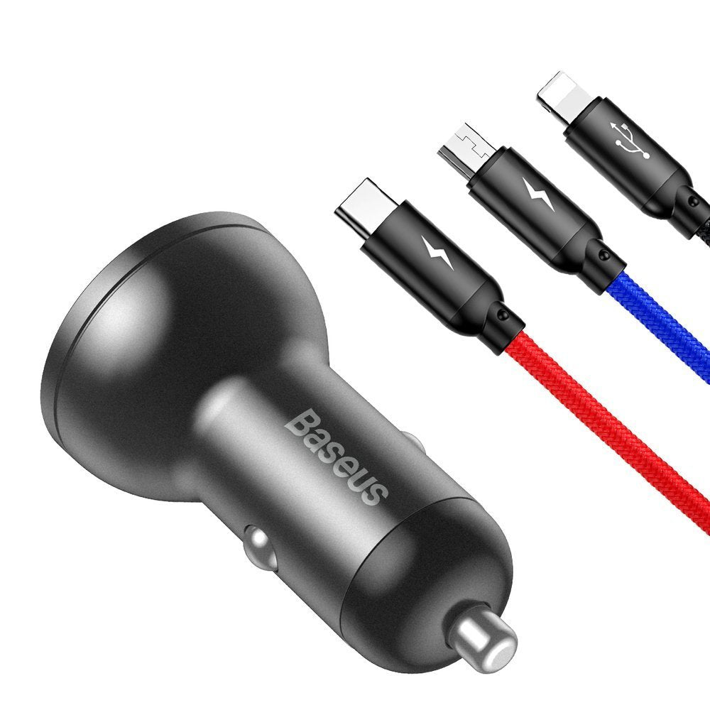 Auto punjač s kabelom Lightning - microUSB - USB-C Baseus Digital Display, 24W, 2.4A, 2 x USB-A, Sivi TZCCBX-0G