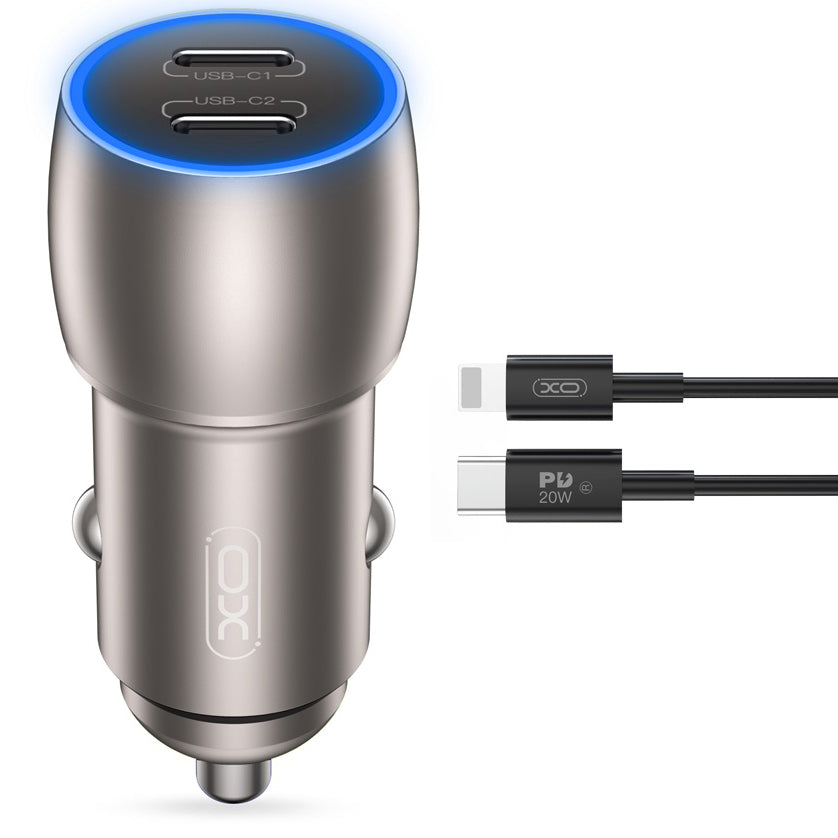 Auto punjač s Lightning kabelom XO Design CC51, 40W, 3A, 2 x USB-C, Sivi