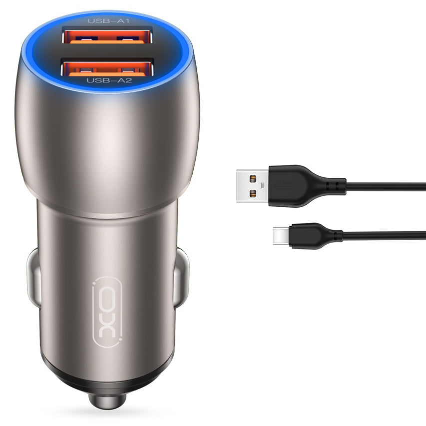 Auto punjač s USB-C kabelom XO Design CC52, 36W, 3A, 2 x USB-A, Sivi