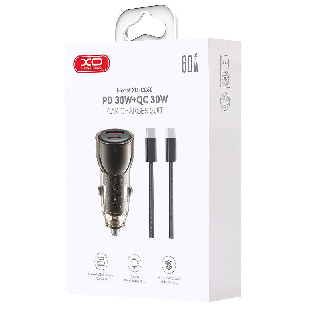 Auto punjač sa USB-C kablom XO Design CC60, 60W, 3A, 1 x USB-A - 1 x USB-C, Crni