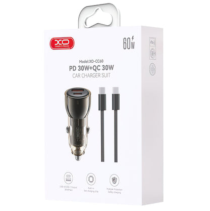 Auto punjač sa USB-C kablom XO Design CC60, 60W, 3A, 1 x USB-A - 1 x USB-C, Crni
