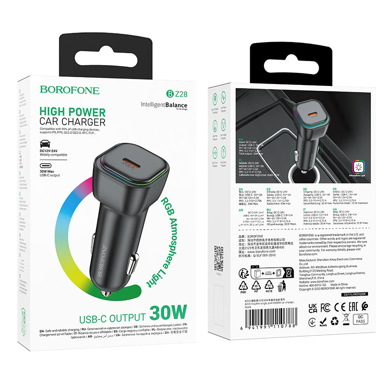 Auto punjač s Lightning kabelom Borofone BZ28 Trophie, 30W, 3A, 1 x USB-C, crni