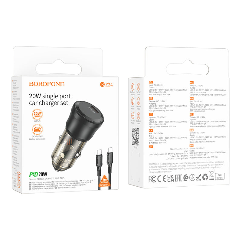 Auto punjač s USB-C kabelom Borofone BZ24 Clever, 20W, 3A, 1 x USB-C, crni