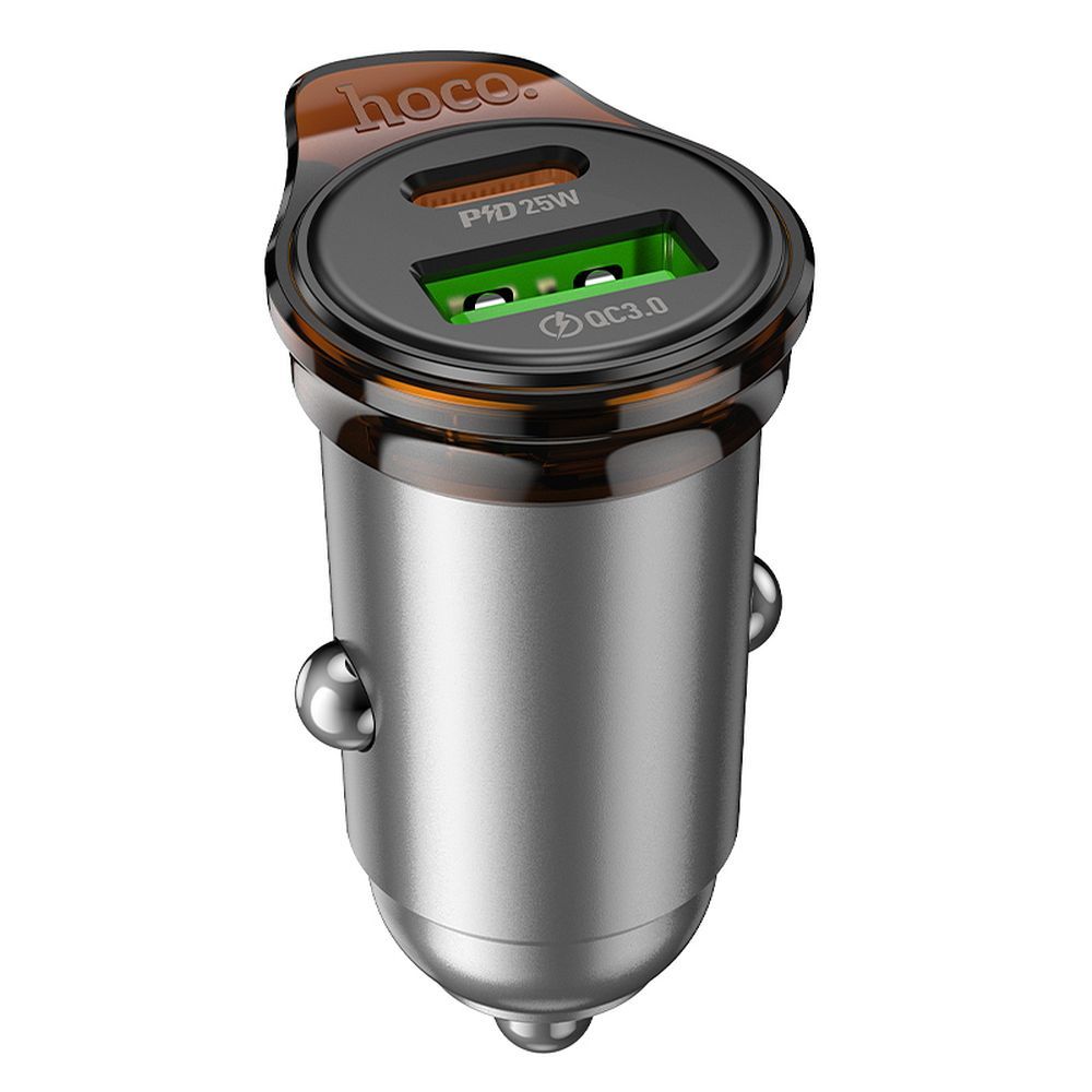 Auto punjač sa Lightning kablom HOCO NZ16A, 43W, 3A, 1 x USB-A - 1 x USB-C, Sivi