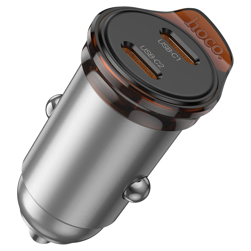 Auto punjač sa Lightning kablom HOCO NZ16B, 45W, 3A, 2 x USB-C, Sivi