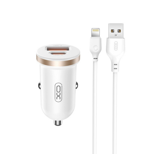 Auto punjač sa Lightning kablom XO Design CC56, 30W, 3A, 1 x USB-A - 1 x USB-C, Beli