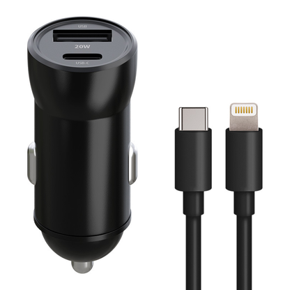 Auto punjač sa Lightning kablom MaXlife MXCC-04, 20W, 3A, 1 x USB-A - 1 x USB-C, Crni