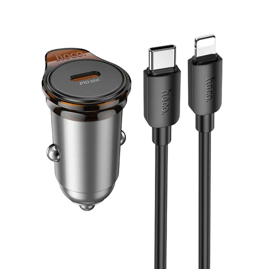 Auto punjač sa Lightning kablom HOCO NZ16, 30W, 3A, 1 x USB-C, Sivi