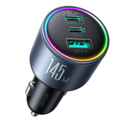 Auto punjač sa USB-C kablom Joyroom JR-CCN07, 145W, 5A, 1 x USB-A - 2 x USB-C, Sivi