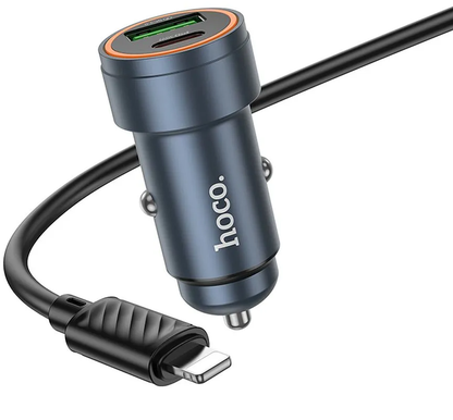 Auto punjač sa Lightning kablom HOCO Z57A, 30W, 3A, 1 x USB-A - 1 x USB-C, Sivi