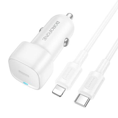 Auto punjač sa Lightning kablom Borofone BZ34B Cloud, 20W, 3A, 1 x USB-A - 1 x USB-C, Beli