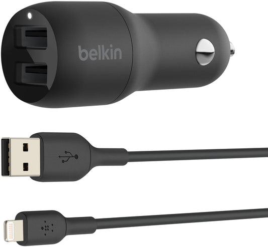 Auto punjač sa Lightning kablom Belkin BoostCharge Dual, 24W, 2.4A, 2 x USB-A, Crni CCD001bt1MBK