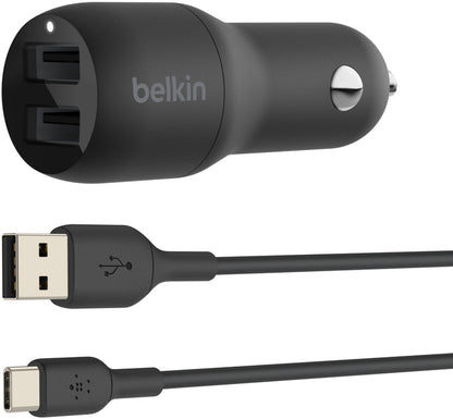 Auto punjač sa USB-C kablom Belkin BoostCharge Dual, 24W, 2.4A, 2 x USB-A, Crni CCE001bt1MBK