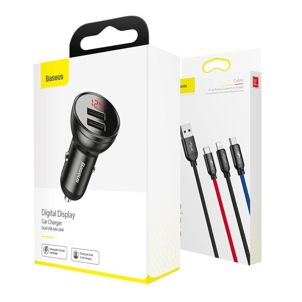 Auto punjač s kabelom Lightning - microUSB - USB-C Baseus Digital Display, 24W, 2.4A, 2 x USB-A, Sivi TZCCBX-0G