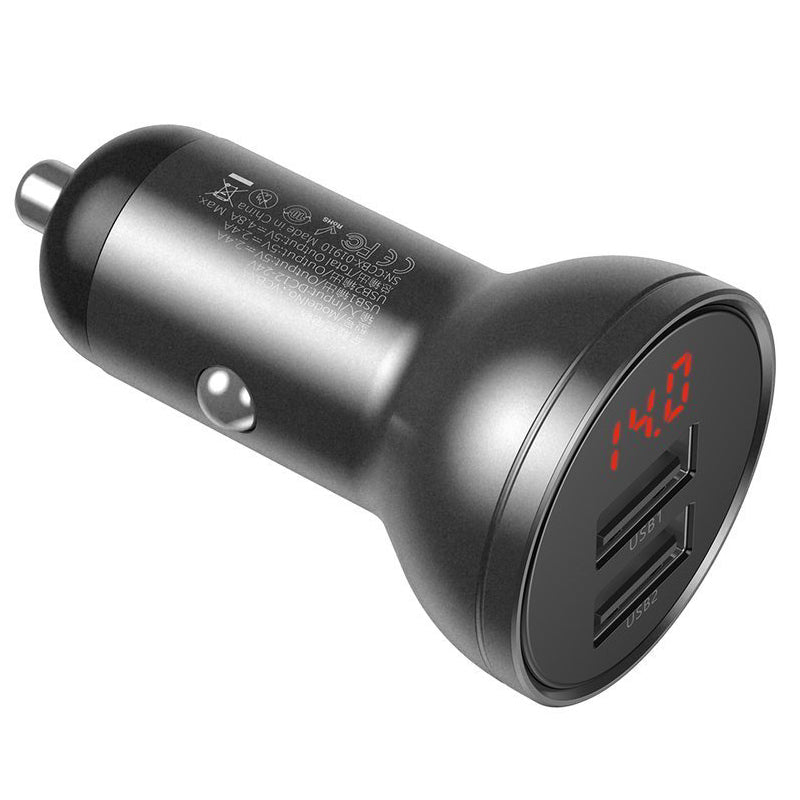 Auto punjač s kabelom Lightning - microUSB - USB-C Baseus Digital Display, 24W, 2.4A, 2 x USB-A, Sivi TZCCBX-0G