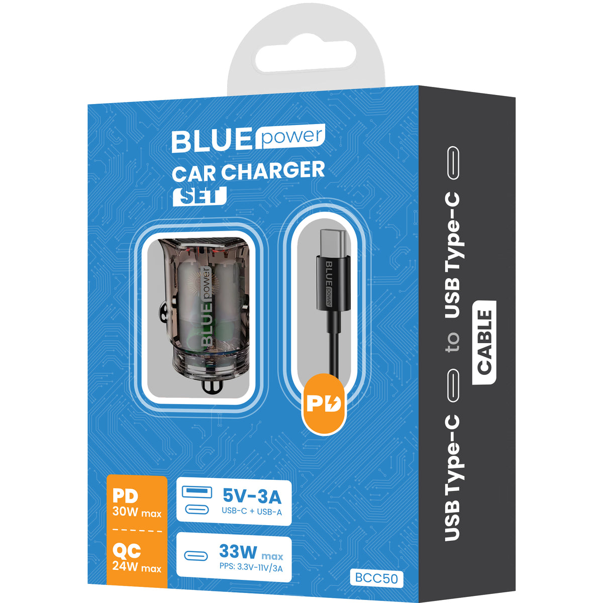 Auto punjač sa USB-C kablom BLUE Power BCC50, 33W, 3A, 1 x USB-A - 1 x USB-C, Crni