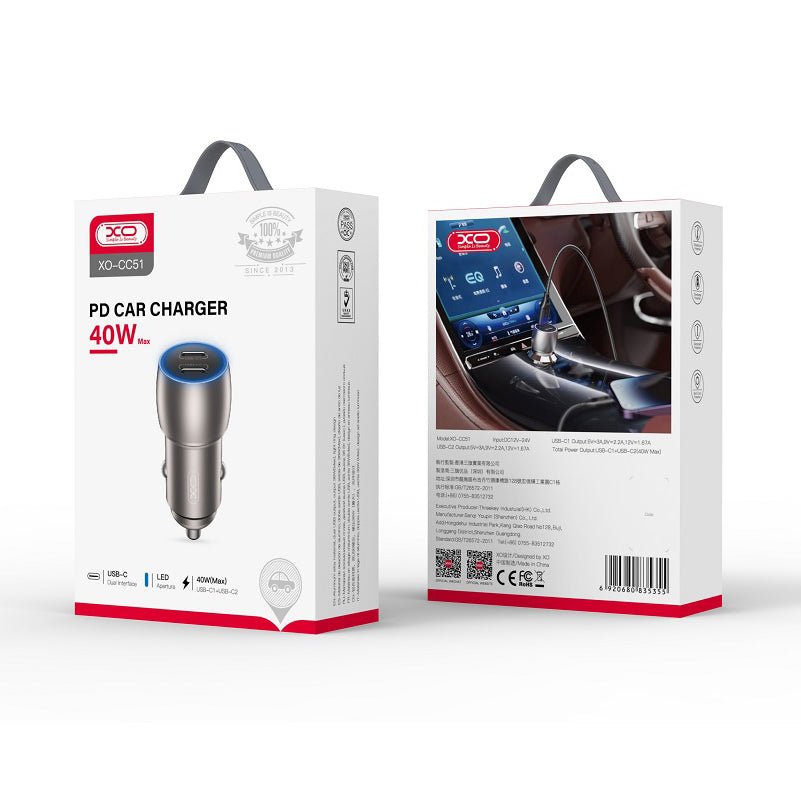 Auto punjač s Lightning kabelom XO Design CC51, 40W, 3A, 2 x USB-C, Sivi