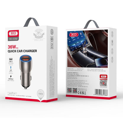 Auto punjač s USB-C kabelom XO Design CC52, 36W, 3A, 2 x USB-A, Sivi