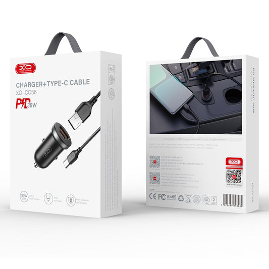 Auto punjač sa USB-C kablom XO Design CC56, 30W, 3A, 1 x USB-A - 1 x USB-C, Crni