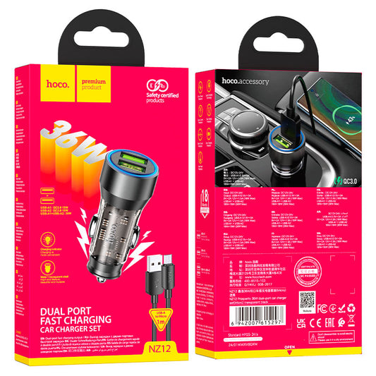Car Charger with microUSB Cable HOCO NZ12, 36W, 3A, 2 x USB-A, Black 