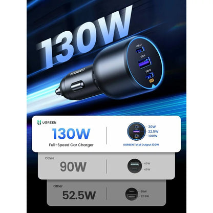 Auto punjač sa USB-C kablom UGREEN CD293, 130W, 5A, 1 x USB-A - 2 x USB-C, Crni