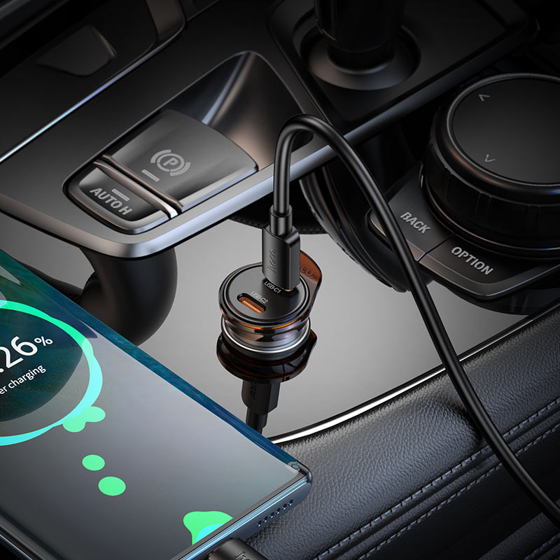 Auto punjač sa Lightning kablom HOCO NZ16B, 45W, 3A, 2 x USB-C, Sivi