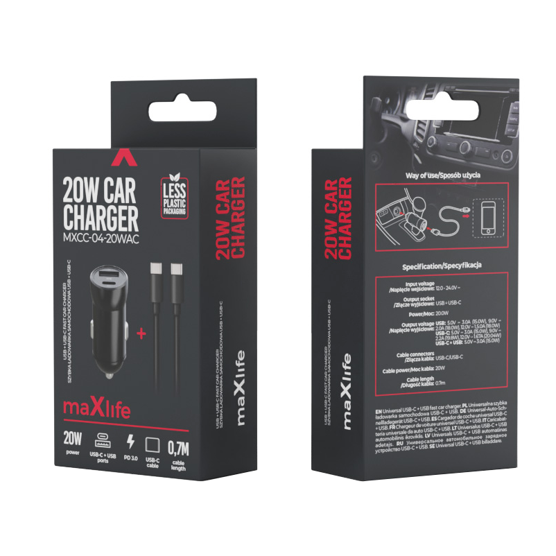 Auto punjač sa USB-C kablom MaXlife MXCC-04, 20W, 3A, 1 x USB-A - 1 x USB-C, Crni