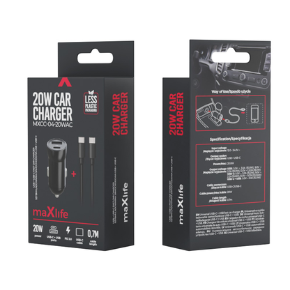 Auto punjač sa USB-C kablom MaXlife MXCC-04, 20W, 3A, 1 x USB-A - 1 x USB-C, Crni
