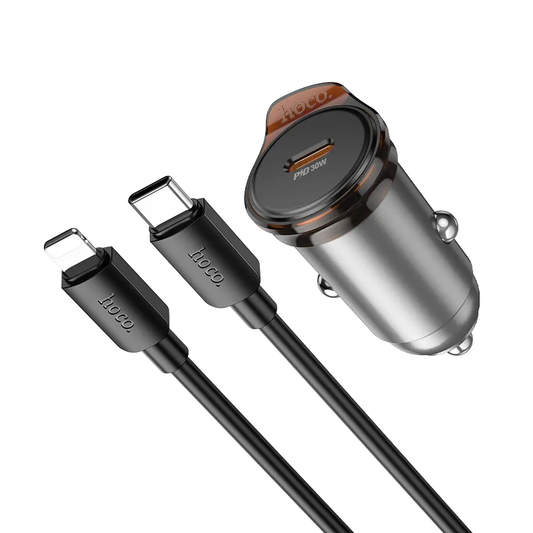 Auto punjač sa Lightning kablom HOCO NZ16, 30W, 3A, 1 x USB-C, Sivi