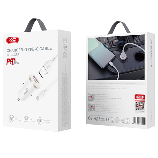 Auto punjač sa USB-C kablom XO Design CC56, 30W, 3A, 1 x USB-A - 1 x USB-C, Beli