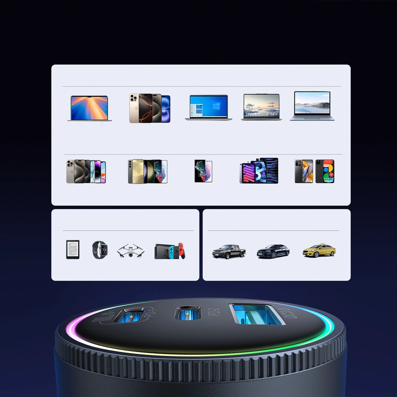 Auto punjač sa USB-C kablom Joyroom JR-CCN07, 145W, 5A, 1 x USB-A - 2 x USB-C, Sivi