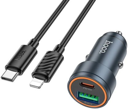Auto punjač sa Lightning kablom HOCO Z57A, 30W, 3A, 1 x USB-A - 1 x USB-C, Sivi