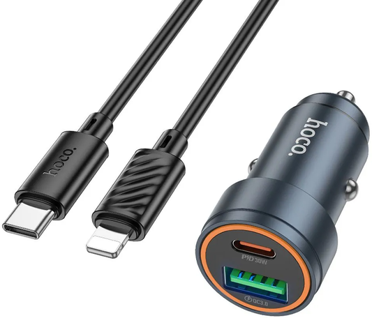 Auto punjač sa Lightning kablom HOCO Z57A, 30W, 3A, 1 x USB-A - 1 x USB-C, Sivi