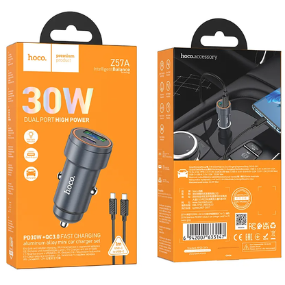 Auto punjač sa USB-C kablom HOCO Z57A, 30W, 3A, 1 x USB-A - 1 x USB-C, Sivi