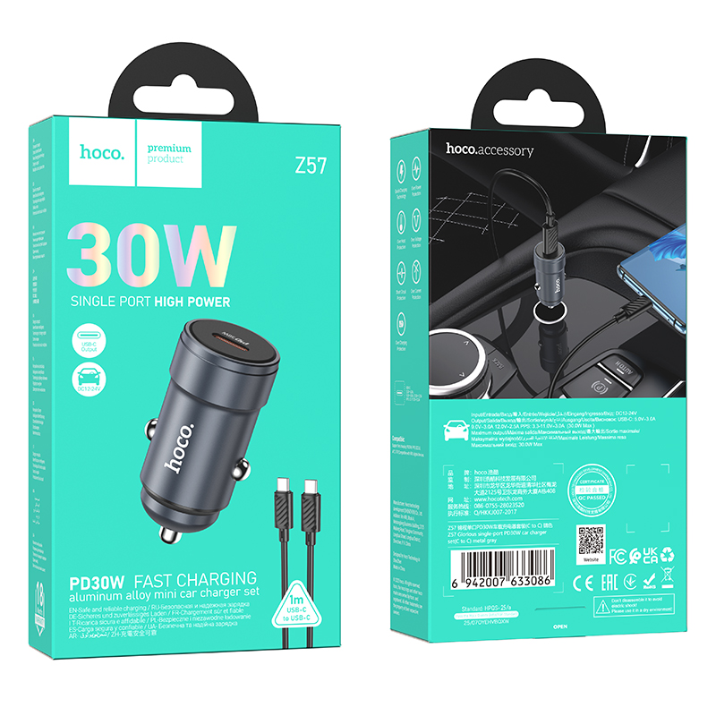 Auto punjač sa USB-C kablom HOCO Z57, 30W, 3A, 1 x USB-C, Siva