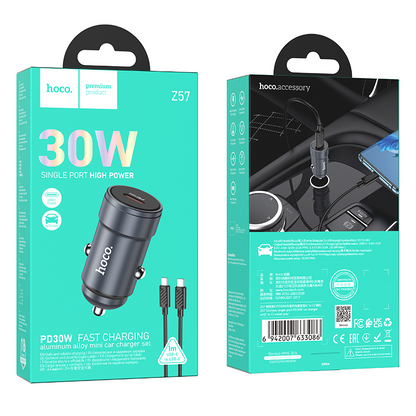 Auto punjač sa USB-C kablom HOCO Z57, 30W, 3A, 1 x USB-C, Siva