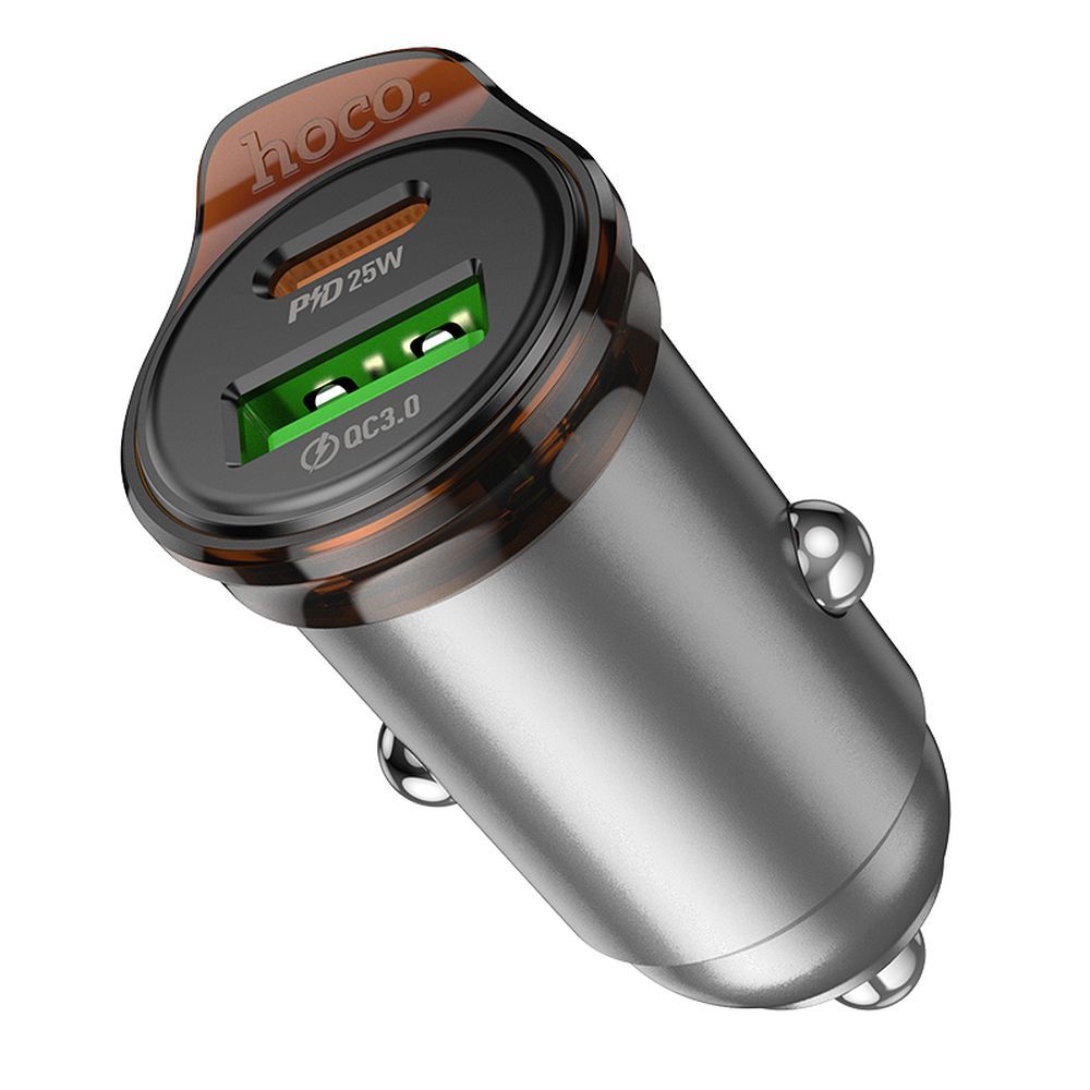 Auto punjač sa Lightning kablom HOCO NZ16A, 43W, 3A, 1 x USB-A - 1 x USB-C, Sivi