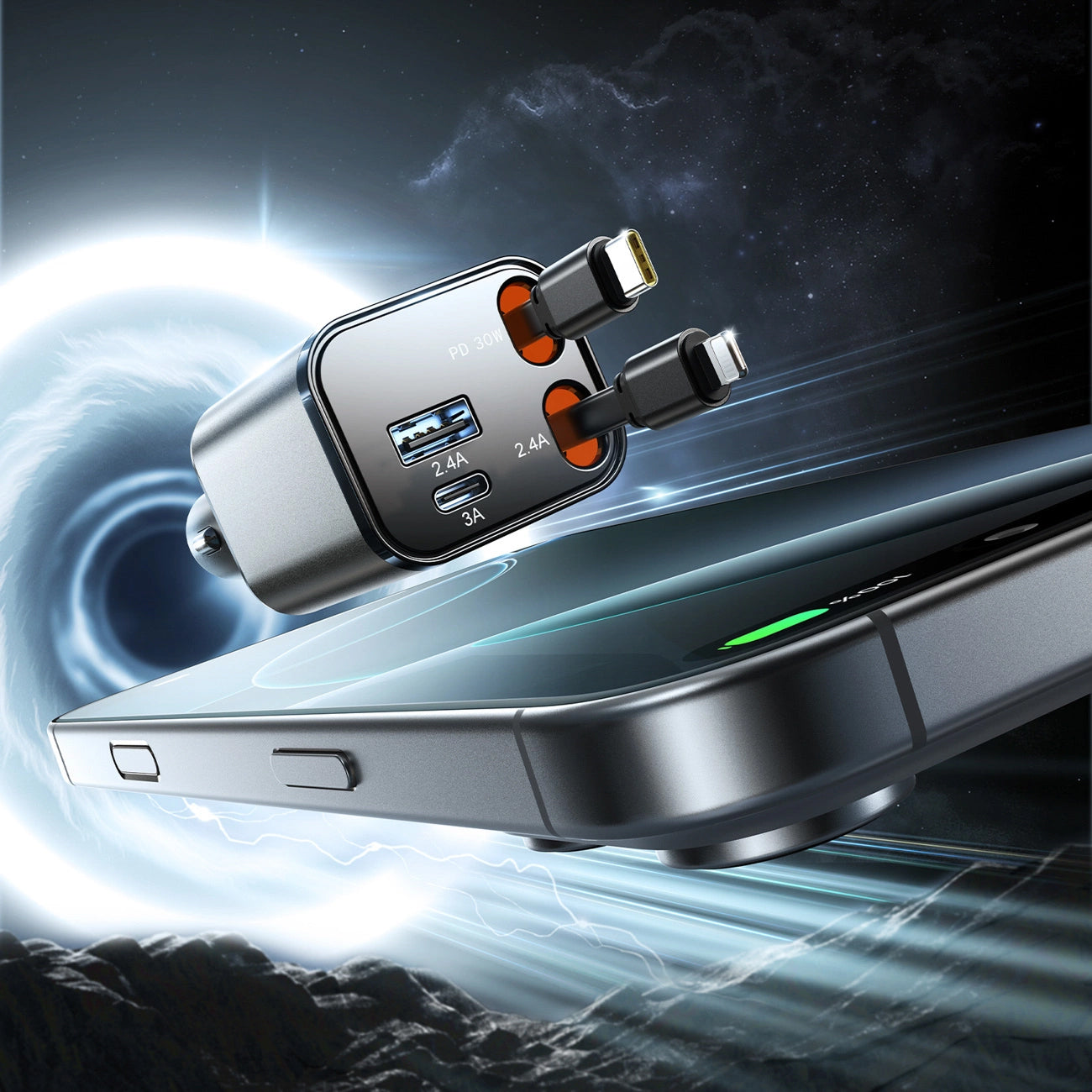 Auto punjač sa USB-C / Lightning kablom Joyroom JR-CCL05, 30W, 3A, 1 x USB-A - 1 x USB-C, Sivi