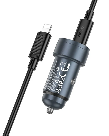 Auto punjač sa Lightning kablom HOCO Z57A, 30W, 3A, 1 x USB-A - 1 x USB-C, Sivi
