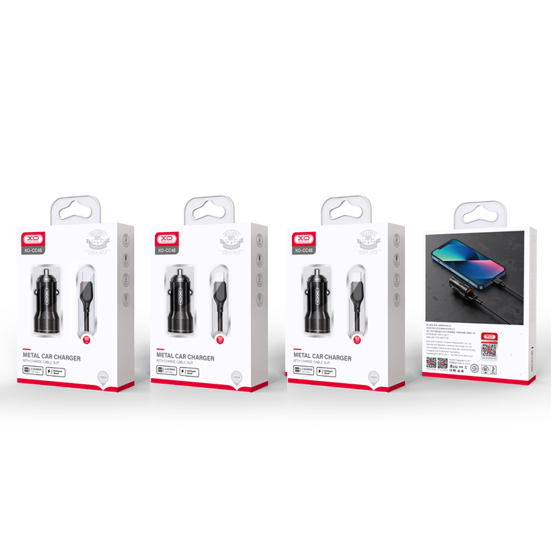 Auto punjač sa USB-C kablom XO Design CC48, 12W, 2.4A, 2 x USB-A, Sivi