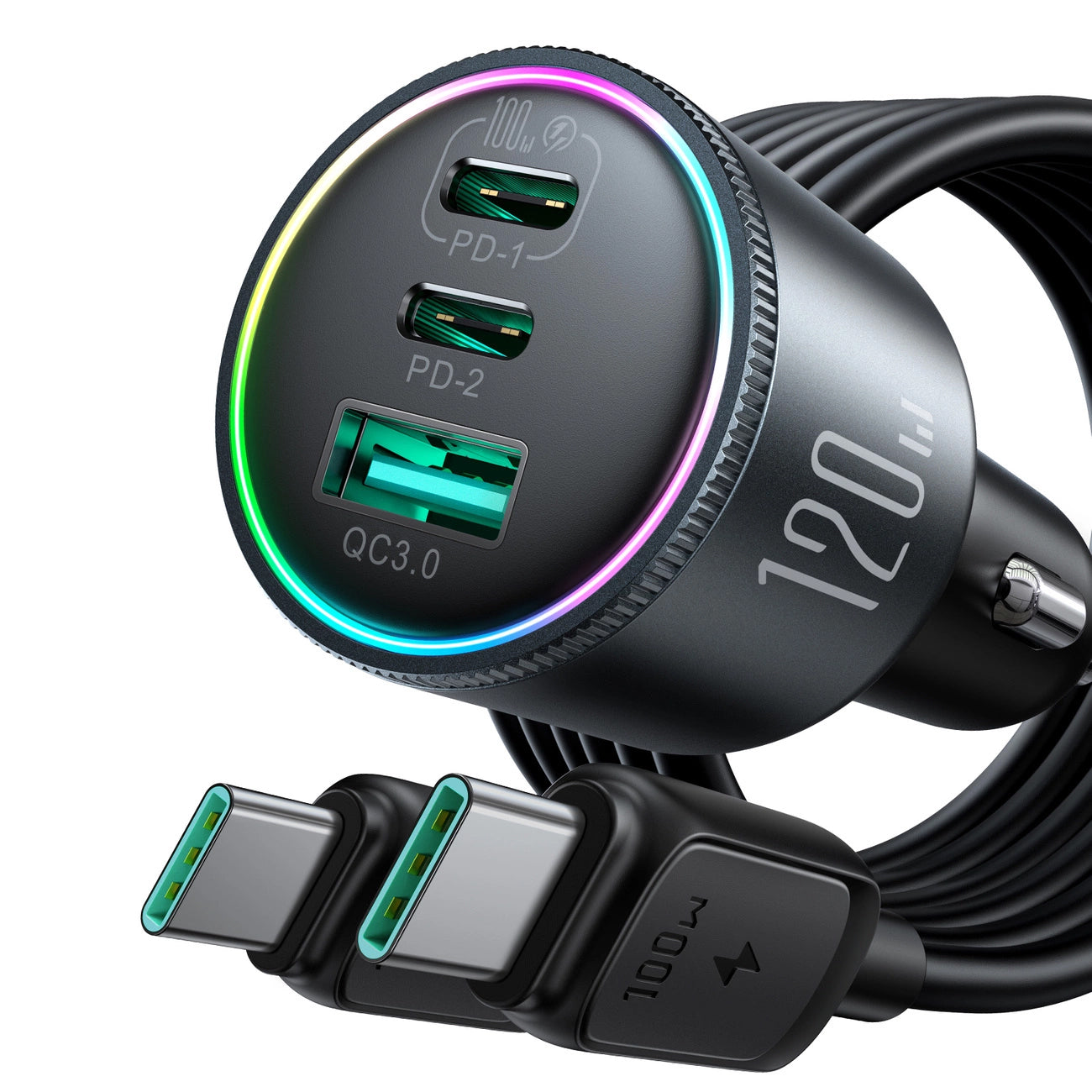 Car Charger with USB-C Cable Joyroom JR-CCN07, 120W, 5A, 1 x USB-A - 2 x USB-C, Black 