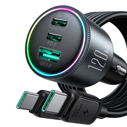 Car Charger with USB-C Cable Joyroom JR-CCN07, 120W, 5A, 1 x USB-A - 2 x USB-C, Black 