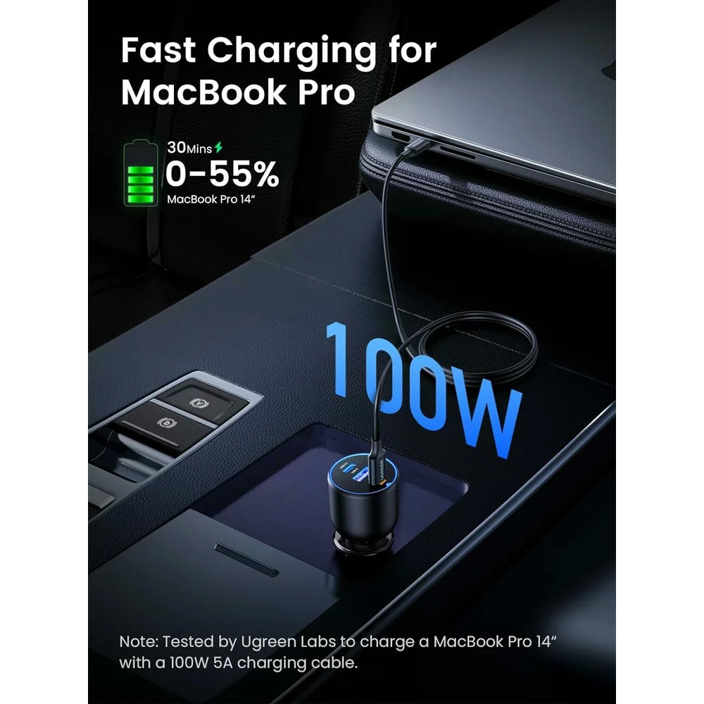 Auto punjač sa USB-C kablom UGREEN CD293, 130W, 5A, 1 x USB-A - 2 x USB-C, Crni