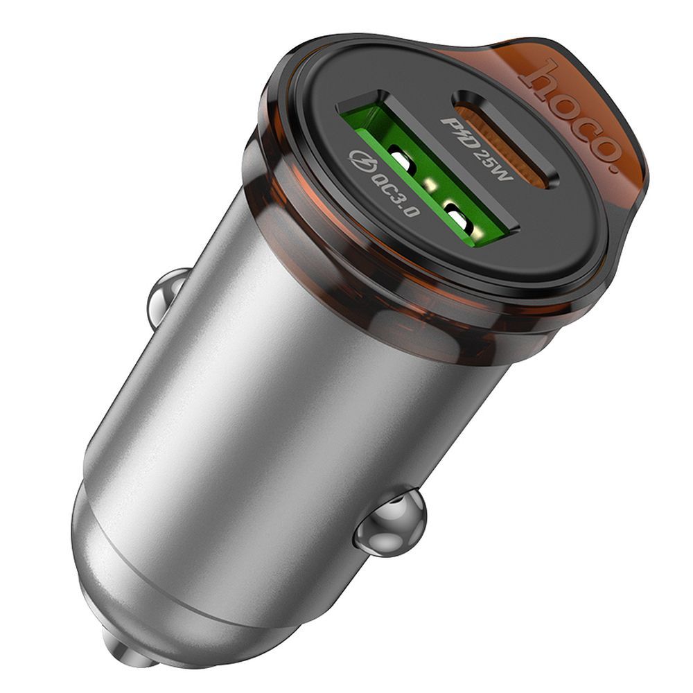 Auto punjač sa Lightning kablom HOCO NZ16A, 43W, 3A, 1 x USB-A - 1 x USB-C, Sivi