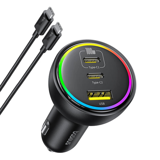Auto punjač sa USB-C kablom Baseus, 152.5W, 5A, 1 x USB-A - 2 x USB-C, Crni C00036101111-00