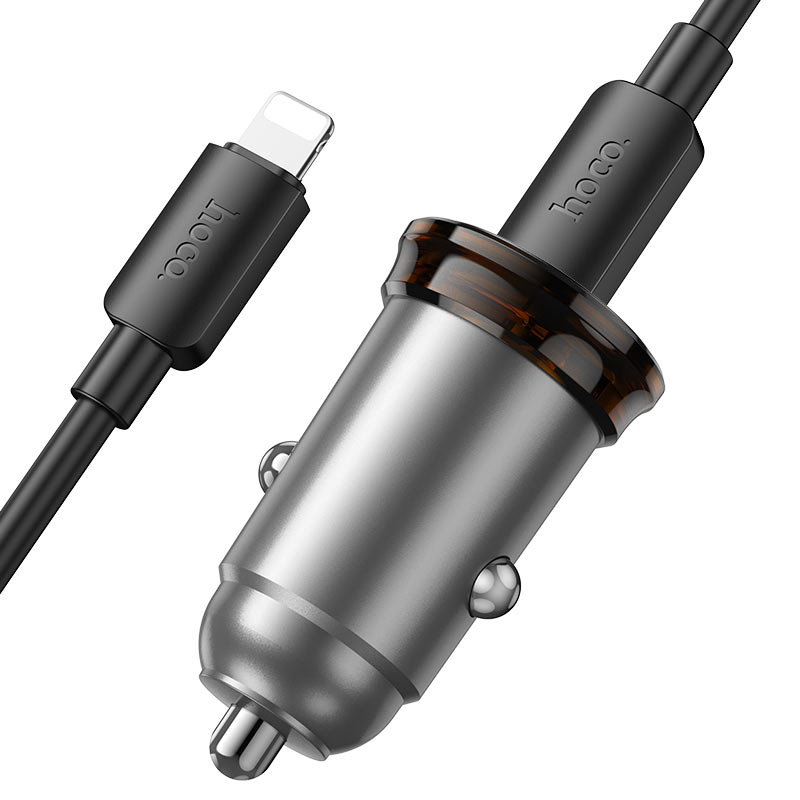 Auto punjač sa Lightning kablom HOCO NZ16B, 45W, 3A, 2 x USB-C, Sivi
