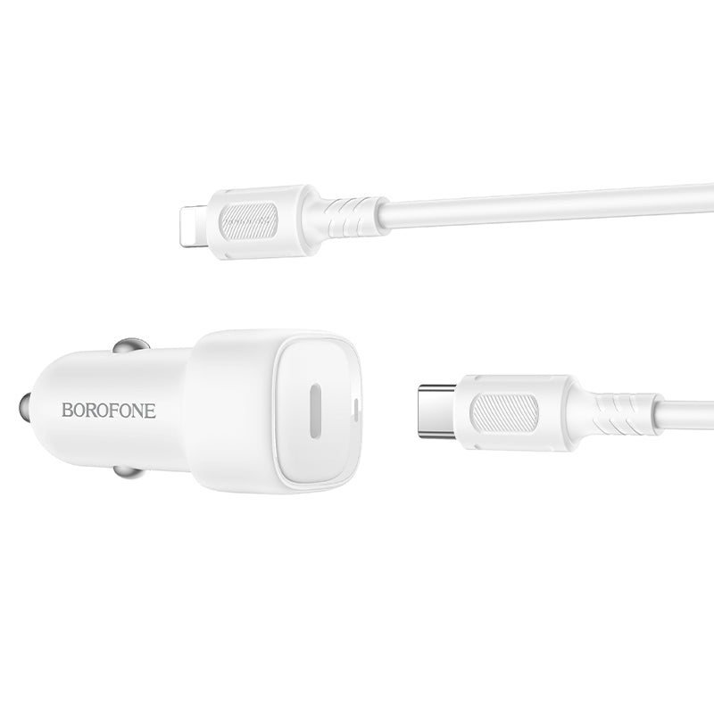 Auto punjač sa Lightning kablom Borofone BZ34B Cloud, 20W, 3A, 1 x USB-A - 1 x USB-C, Beli
