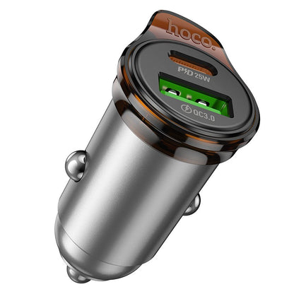 Auto punjač sa Lightning kablom HOCO NZ16A, 43W, 3A, 1 x USB-A - 1 x USB-C, Sivi